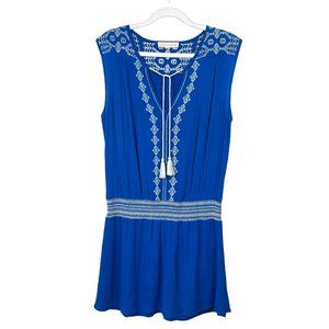 LOVESTITCH Womens M Blue Embroidered Tie Neck Tassels Sleeveless Short Dress